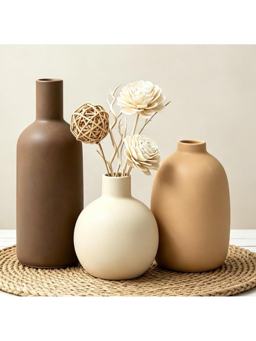 Large Brown Ceramic Flowers Rustic Vase Set of 3  Living Room Home Decor